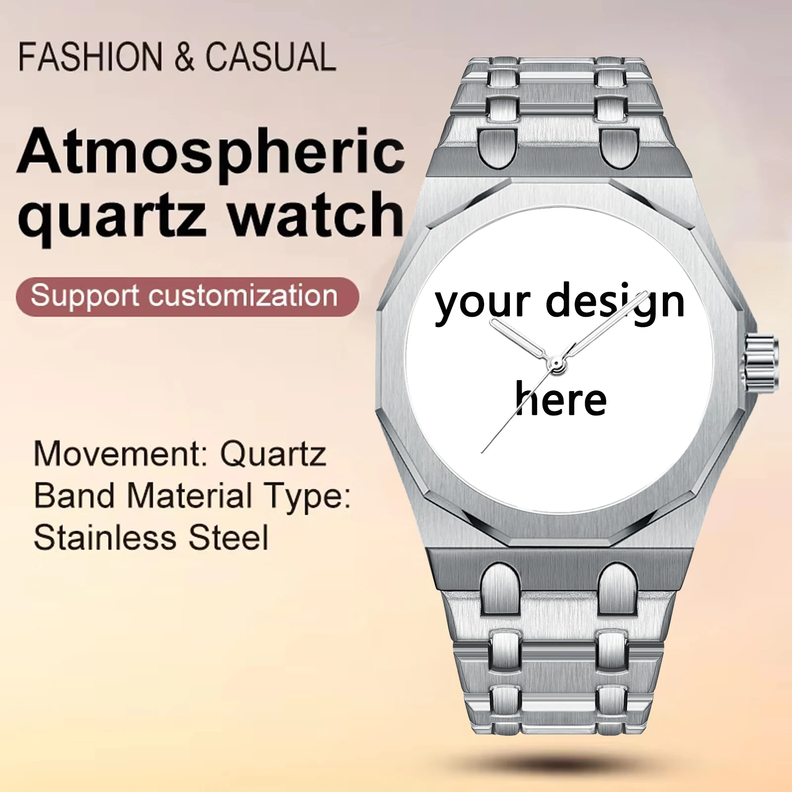 Luxury Custom Men's Quartz Watch Octagonal Silver Timepiece with Personalised Photo 30M Water Resistant Festive Gift for Him