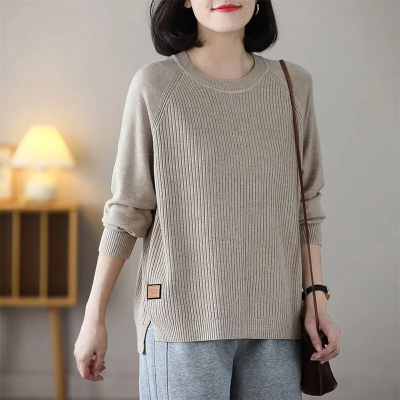 

Women's O-Neck Long Sleeve Knitwear Loose Tops Casual Clothes for Office Lady Simplicity Monochromatic Autumn and Winter Fashion