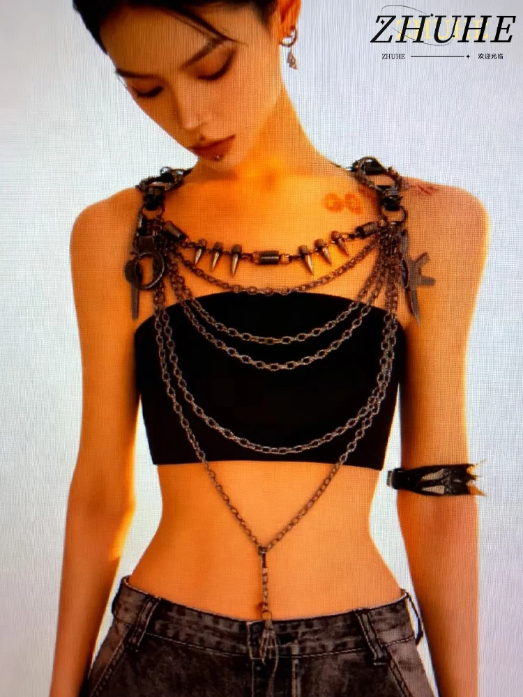 

Rock Style Multi - Chain Body Jewelry Accessories, Unisex Men Women Punk Chest Chain with Charms, Trendy Festival Outfit Jewelry