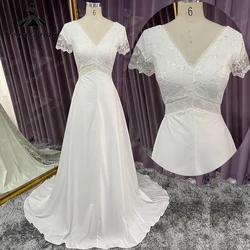 Boho Wedding Dress 2023 Bridal Elegant Chiffon V-Neck Sheer Short Sleeve Lace Appliques Floor-Length Female dress abiti da sposa