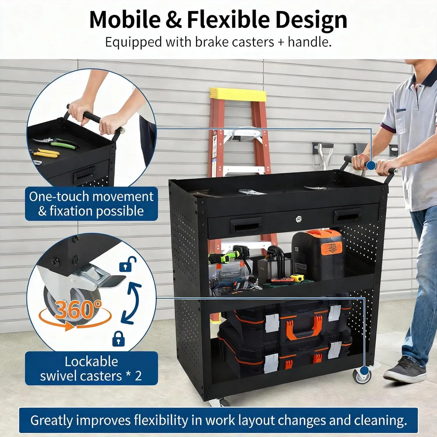 Tacleekii 27inch Tool Cart with Wheels Rolling Work Cart with Drawer & Mechanic Tool Storage Organizer with Locking System for Garage, Warehouse and Repair Shop