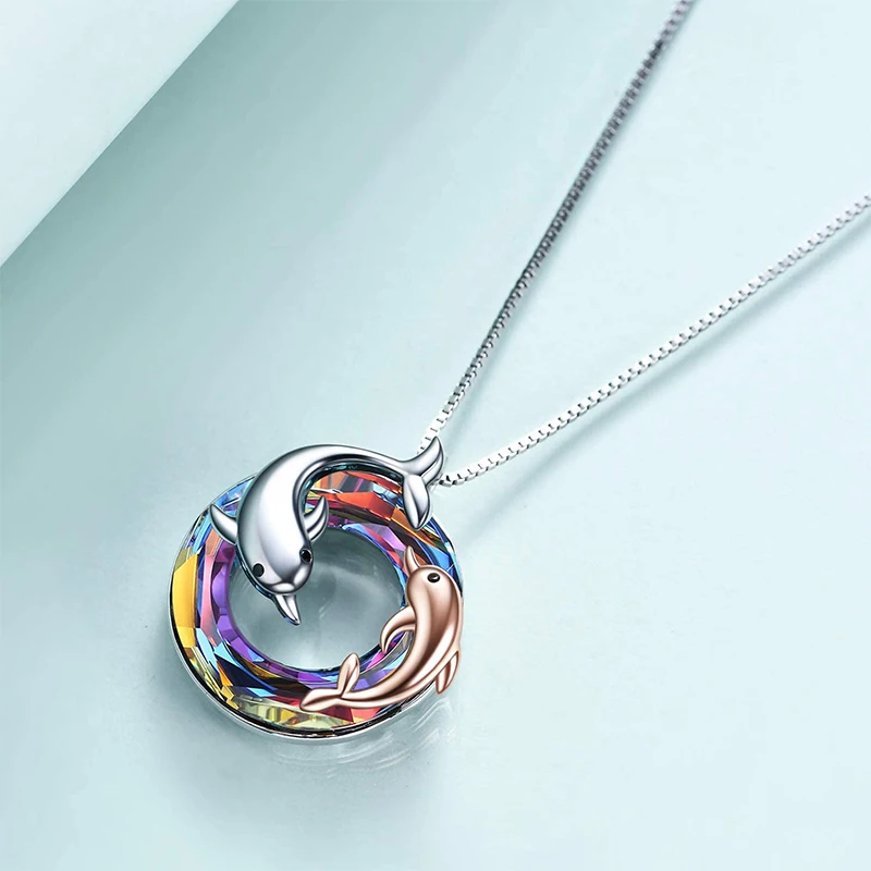 Cute Dolphin collane Round AB Color Crystal Pendant madre e figlia Ocean Animal Jewelry for Mom Girls regali di compleanno