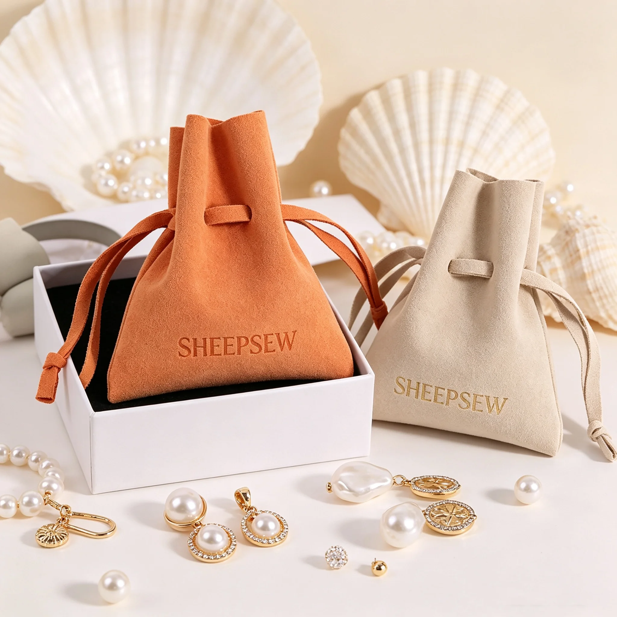 SheepSew Orange Microfiber Velvet Drawstring Jewelry Pouch Custom Deboss Embossed Logo Soft Storage Packaging Bag For Ring Neckl