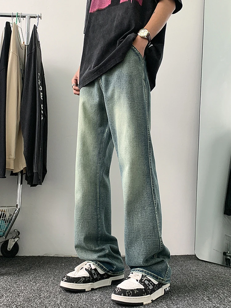 

2024 New Summer Men's Flare Jeans Korean Fashion High Street Retro Blue Wide Leg Casual Denim Pants Straight Baggy Jean Trousers