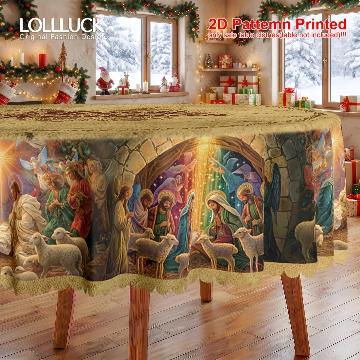1 piece, Christmas party tablecloth, vintage nativity scene design pattern tablecloth, round tablecloth