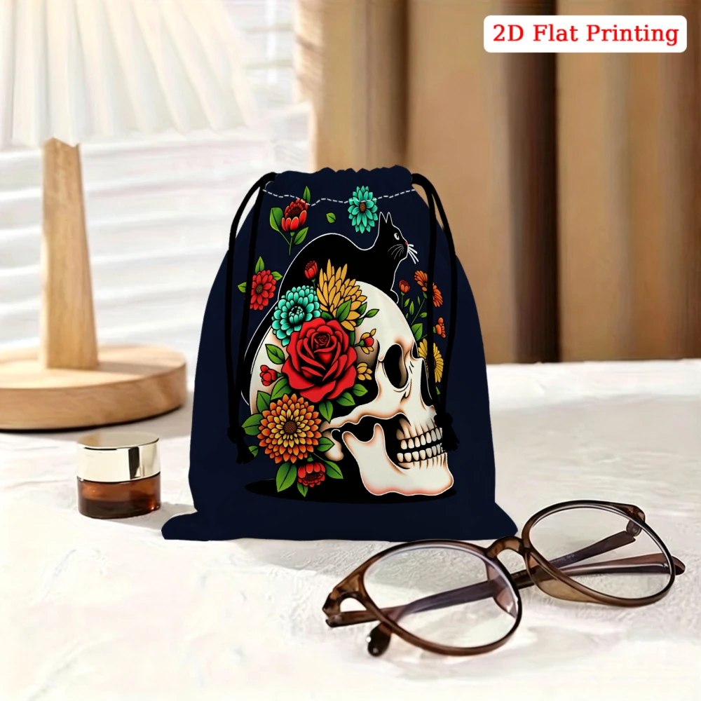 1Pc Sugar Skull Floral Drawstring Bag Navy Blue Rose Skeleton Print Storage Small Pouch For Travel Cosmetics Jewelry Organizer P