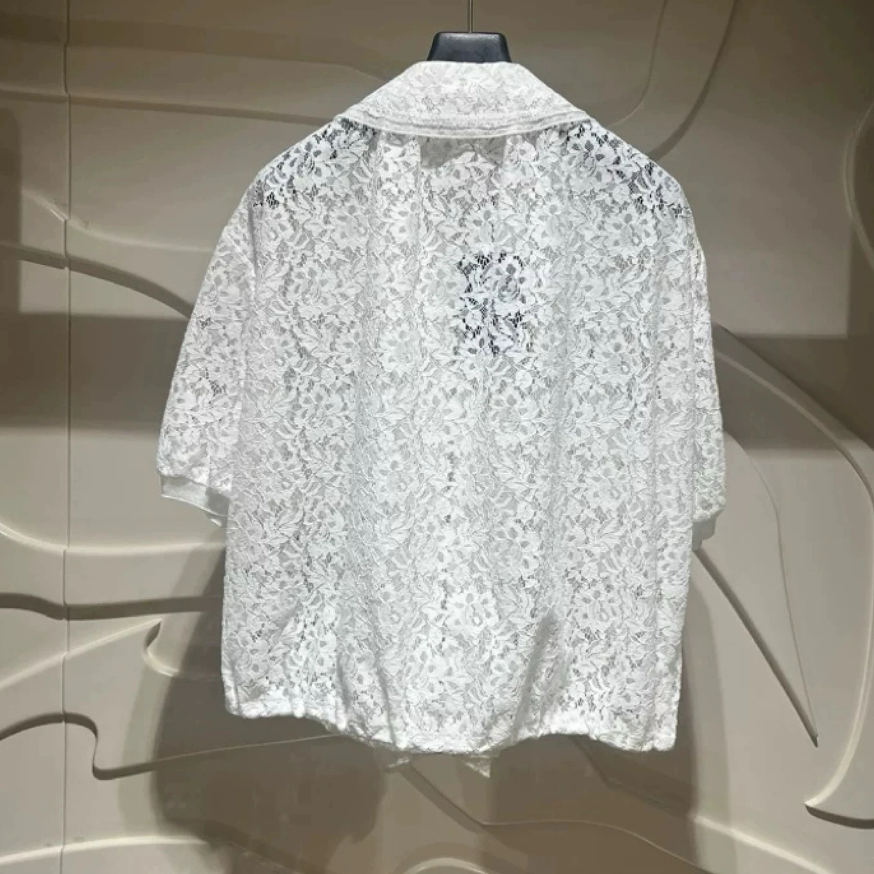

Korean Sle ort Sve Embroidered Hollow out Zipper Front Collar irt Faionable Heavy Embroidery Lace Wooden Ear ...