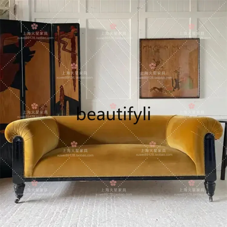 

A16 French retro solid wood carving velvet three-person sofa simple living room sofa combination