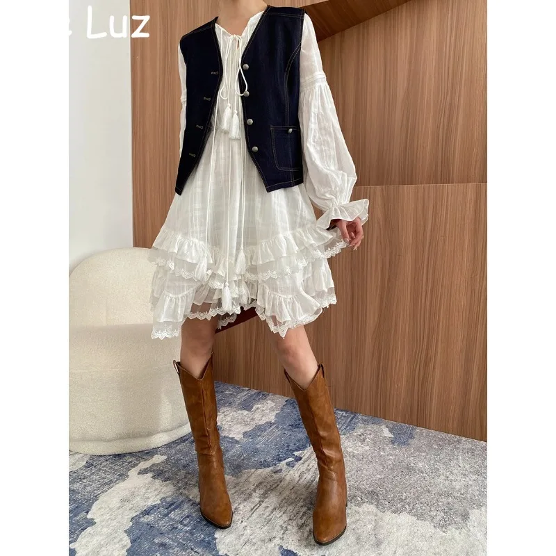 Estilo francês vintage mini vestido feminino branco primavera outono férias borlas gravata irregular manga longa em camadas casual senhoras vestido