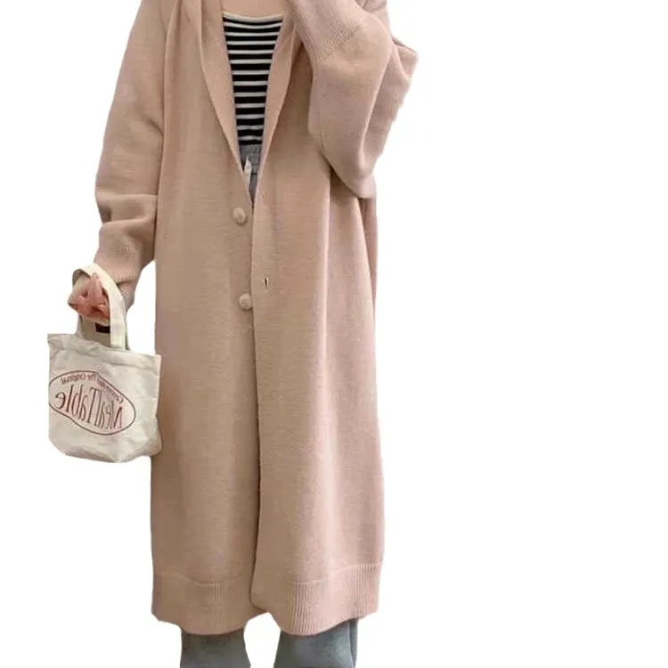 Women's Autumn Winter Hooded Long Knitted Cardigan Simple Solid Color French Style Lazy Casual Coat for Ladies