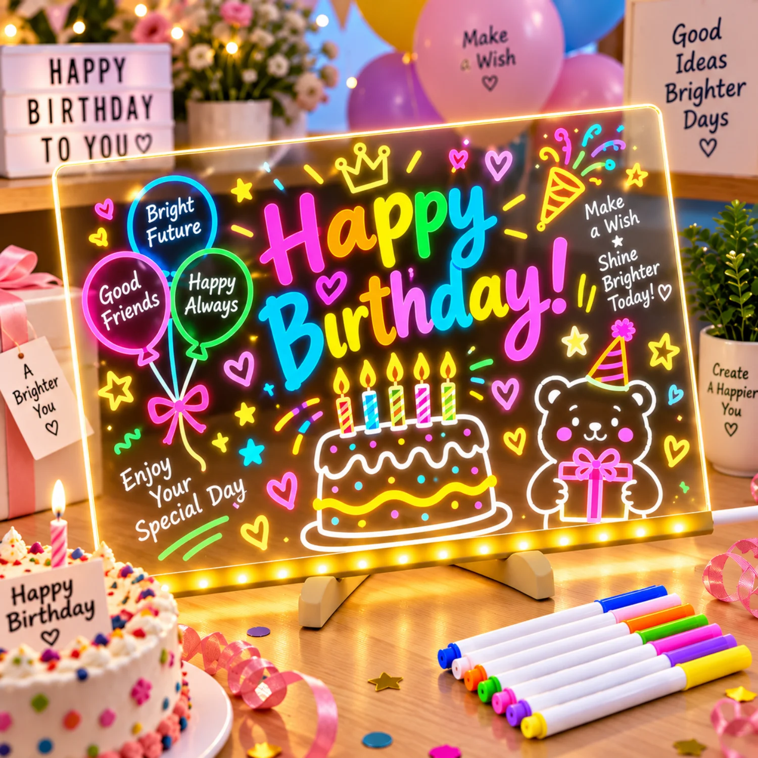 Acrylic Dry Erase Board with LED Light, 11.8 x 7.9 Inch Light Up Memo Board with Stand, USB Powered Dimmable Message Whiteboard