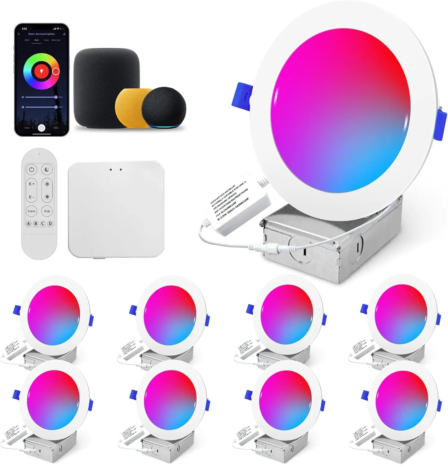 

Умные встраиваемые светильники 6 дюймов RGB, управление по Wi-Fi и Bluetooth, совместимость с Alexa/Google/Siri, комплект из 8 штук