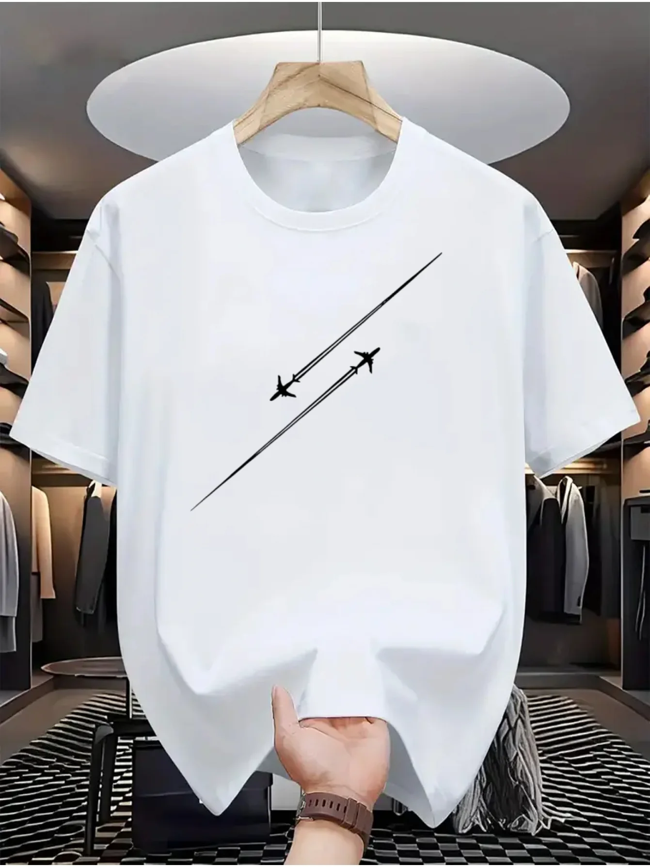 Men's Summer 100% Pure Cotton Airplane Flight Track Printed Fashionable and Casual Loose Round Neck Short Sleeved T-Shirt Top