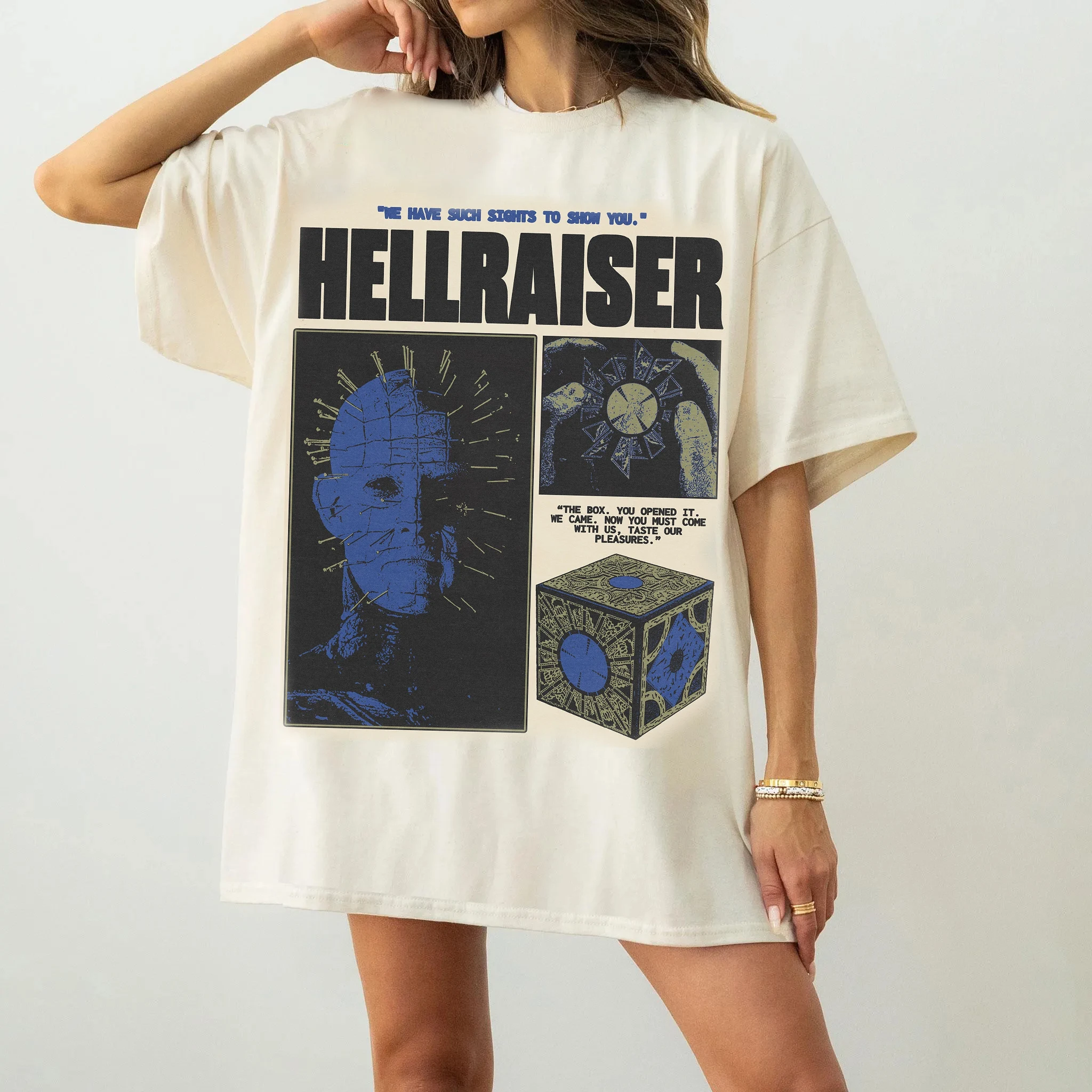 เสื้อยืดสตรีทแวร์ลายหนังสยองขวัญ Hellraiser สไตล์วินเทจสำหรับผู้หญิงและผู้ชาย ทรงโอเวอร์ไซส์ ผ้าฝ้าย เสื้อยืดลำลองเทรนด์ฮาราจูกุ คอกลม