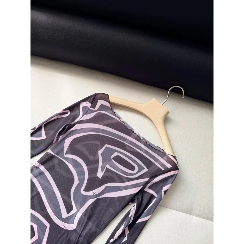 2026 Women Purple Geometric Pattern Chiffon Translucent Sexy Long Dress