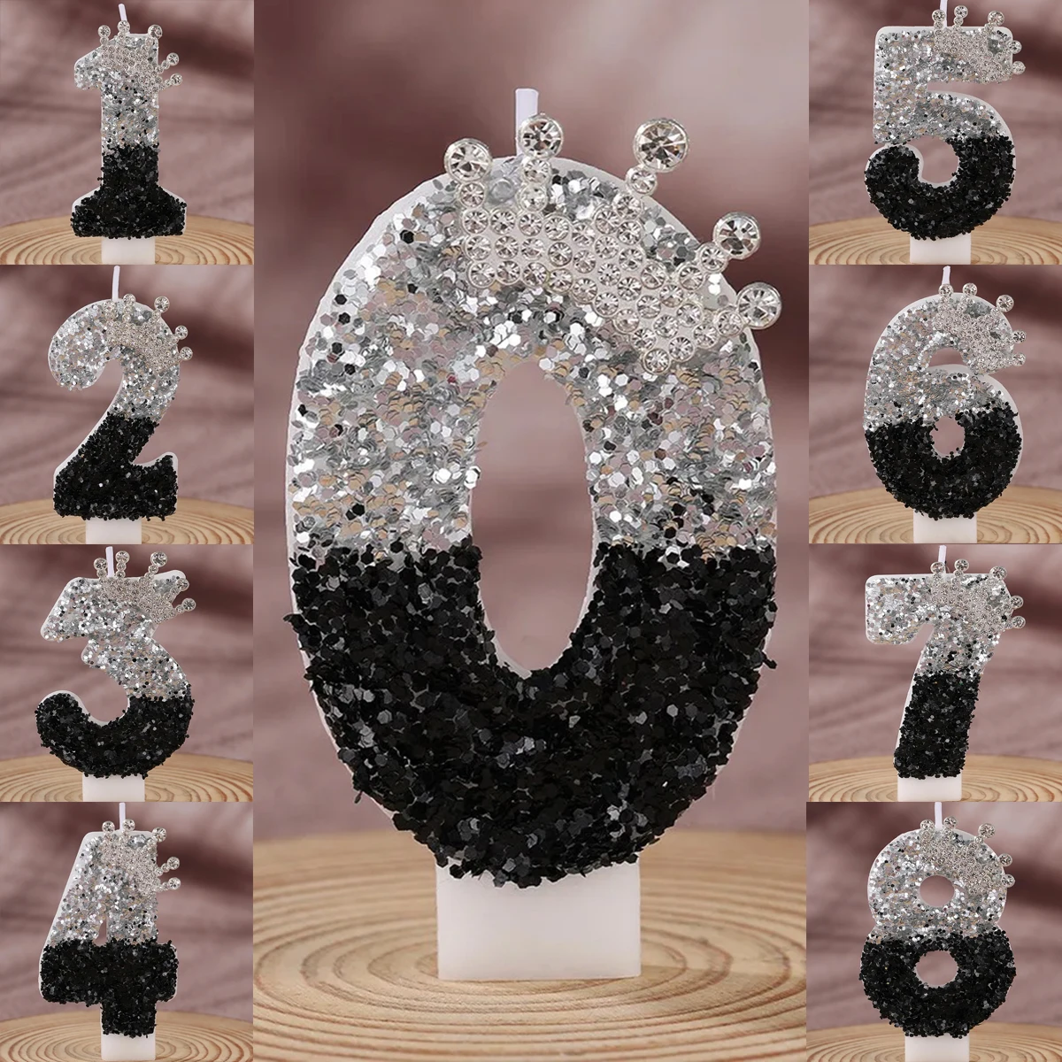 Black Silver Gradient Crown Handmade DIY Digital Candle - Birthday Cake Decoration Party Supplies
