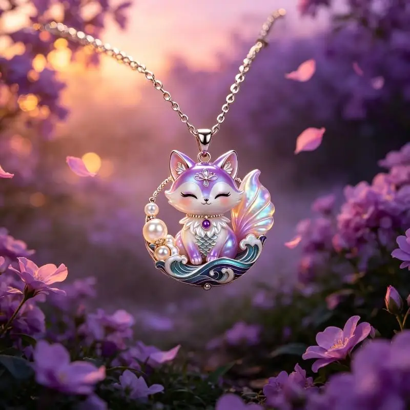 Nine-tailed Fox Enamel Pendant Necklace Handcrafted Mythical Fox Jewelry  Rose Gold Plated Chain for Women Wedding Guest Gift