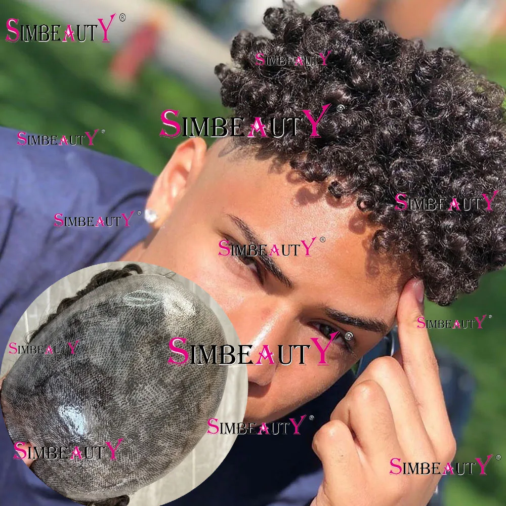 

15mm Afro Curly Men's Capillary Prosthesis System Super Druable Full Pu Skin Human Hair Men Toupee Natural Hairline Male Wigs