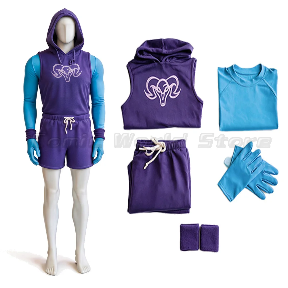 He Man Gym Bro Skeletor Cosplay Costume Men Workout Purple Sleeveless Hoodie Shorts Full Set For Halloween Comic Con Dress Up - view 6