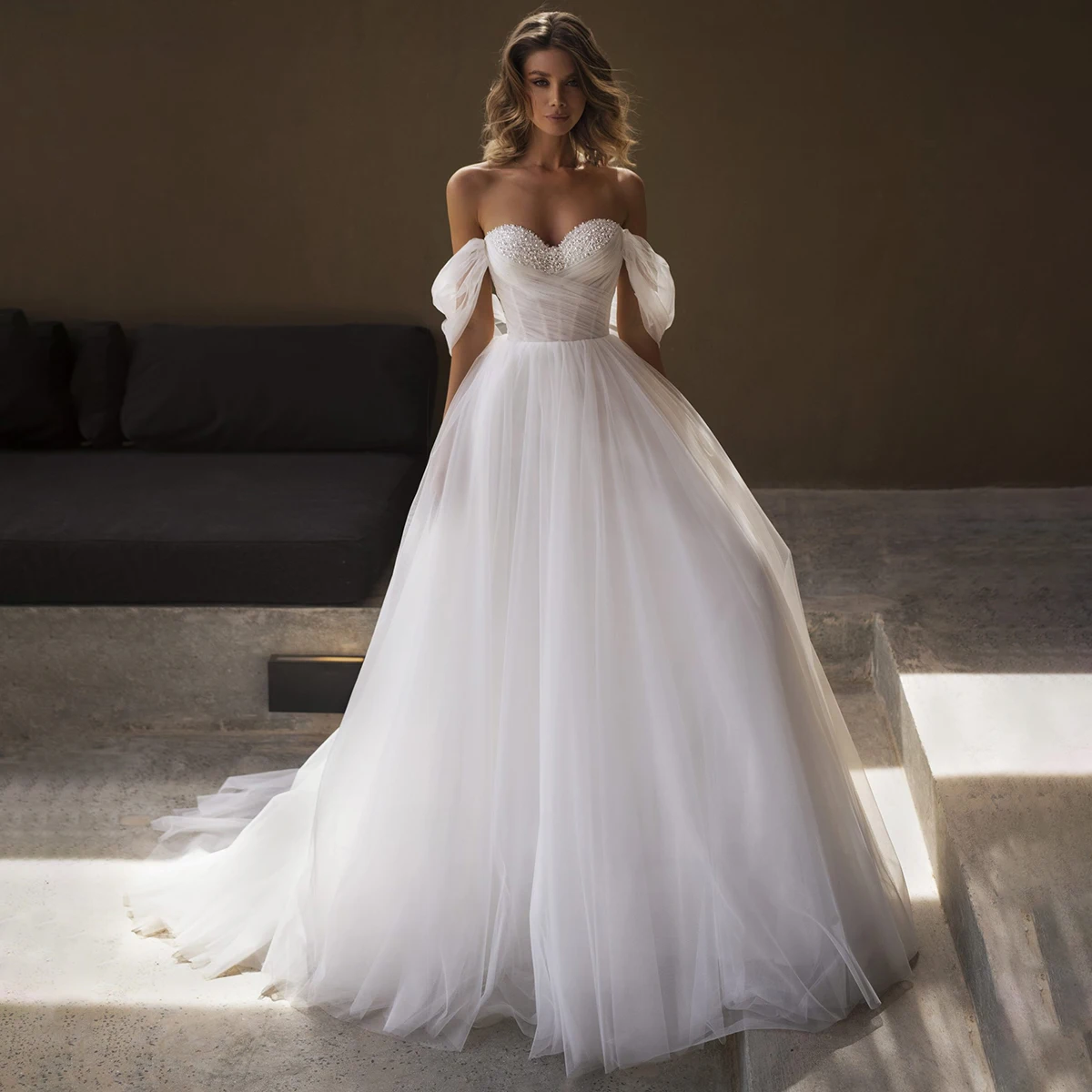 

Romantic Beaded Pearl Tulle Wedding Dress Vestidos novia Off Shoulder Ball Gown With Train Long Beaded Bridal Gown For Bride