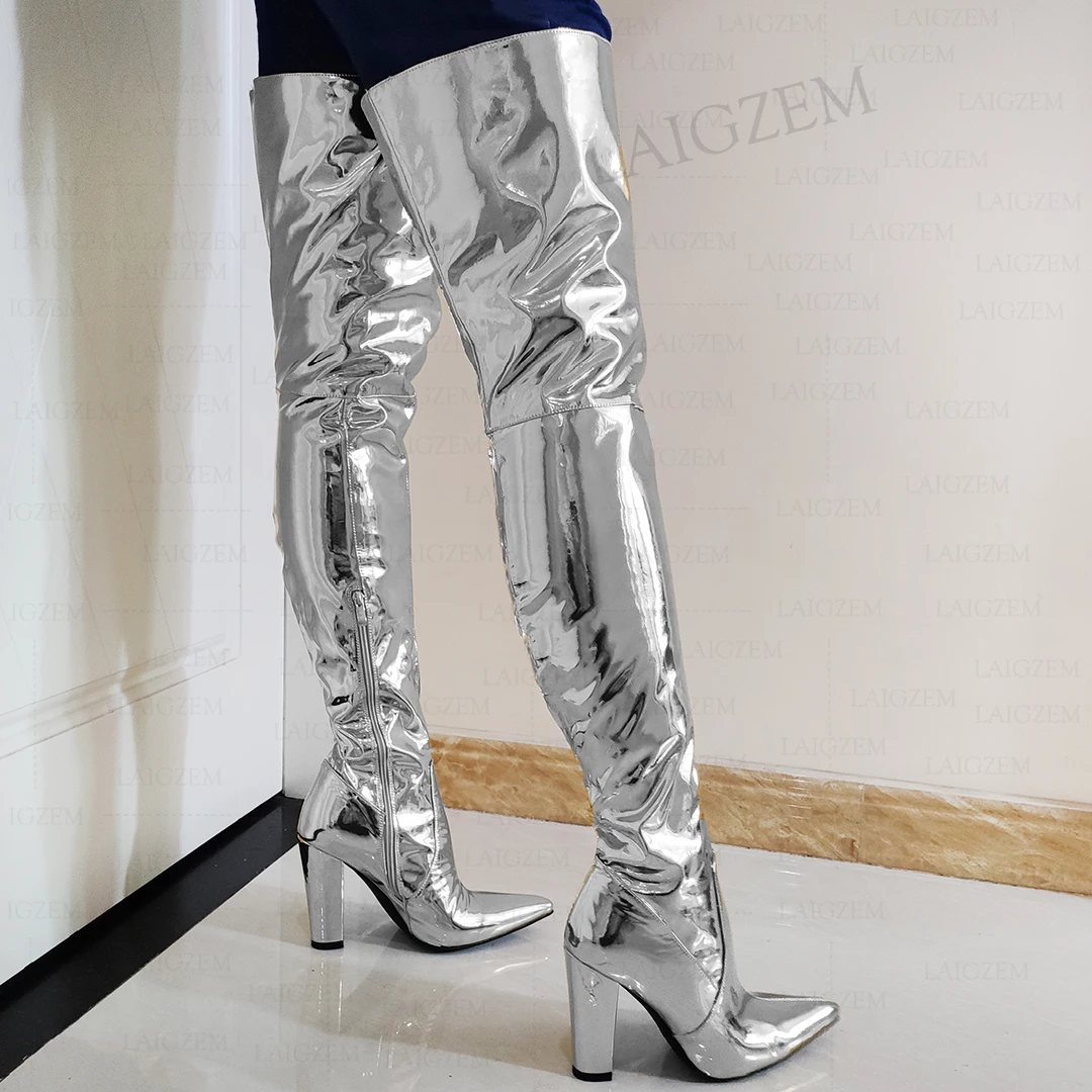 LAIGZEM Women Thigh High Boots Metallic Colors Shiny Pointed Toe Thick High Heels Boots Handmade Ladies Shoes Big Size 41 44 47