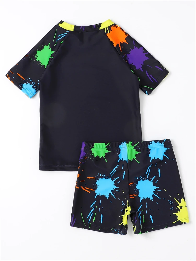 Boy Swimsuit Kids 2025 New Black Graffiti Print Short Sleeves Children Swimwear Summer Two Piece Beachwear Bathing Suit Swimming