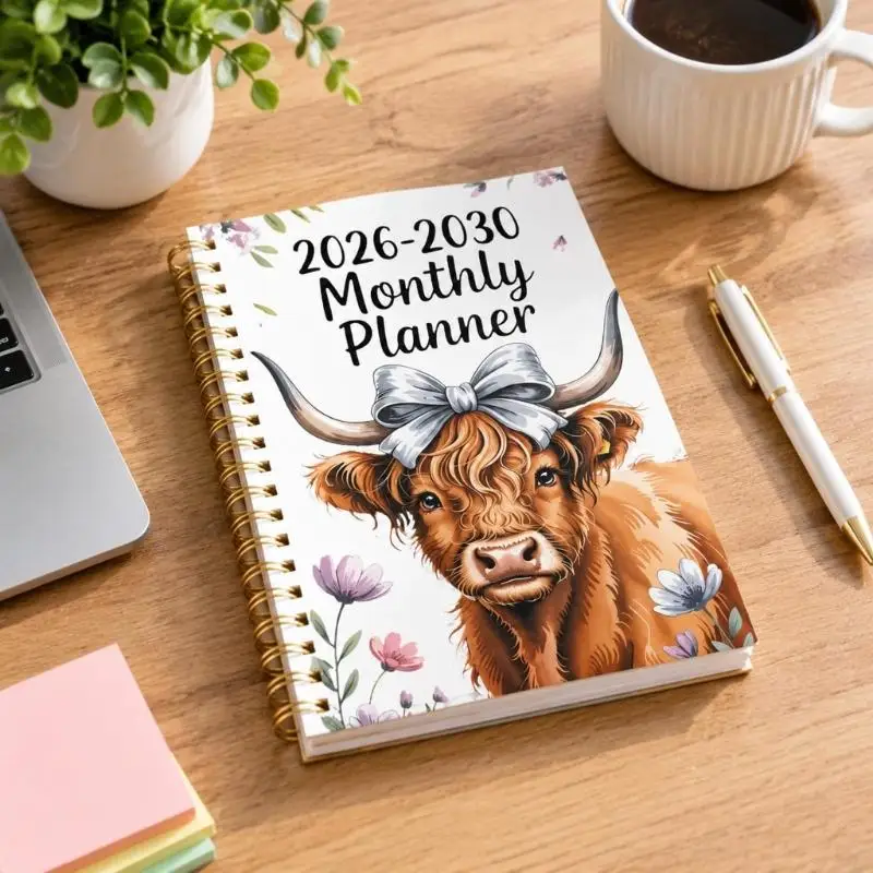 Q6PA Lay-Flat Spirals Monthly Planner for 2026-2030 with Flexible Fields for Years, Months, and Written Plan Detail