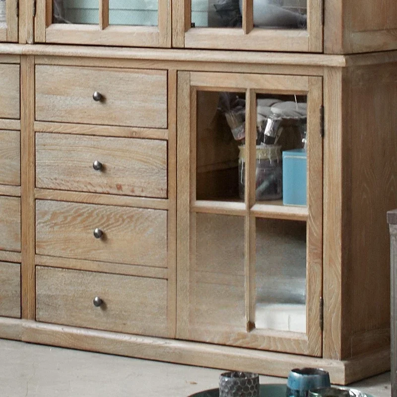 

Multi-Functional Display Bookcase: American Antique Style Cabinet with Glass Doors, Wine Storage & Drawers in French Oak Finish