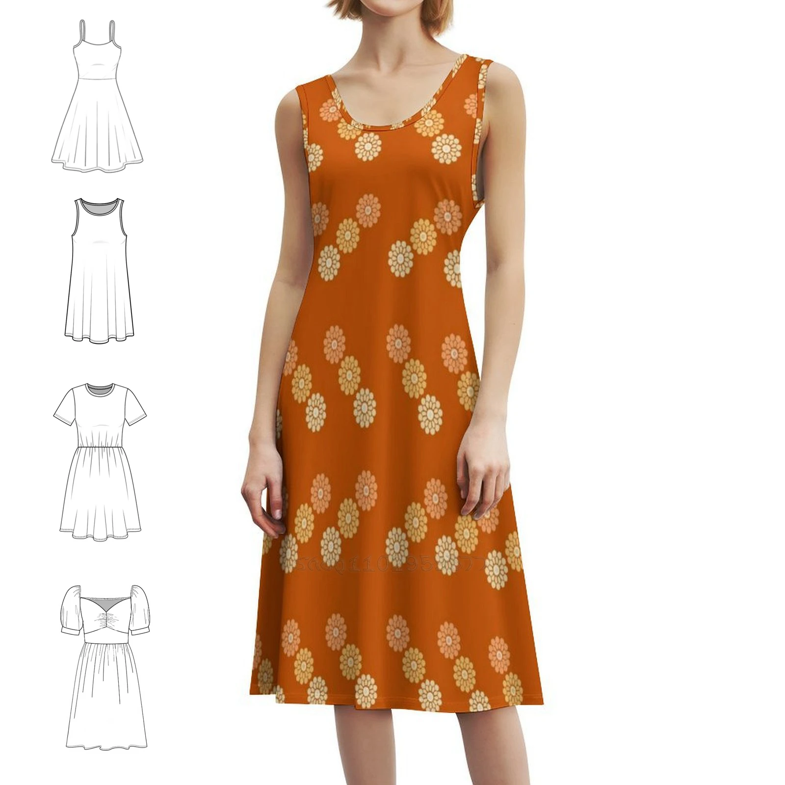 فستان نسائي أنيق للحفلات باللون البرتقالي/المرون البرتقالي البسيط بنمط الأزهار مع خيارات قصيرة/طويلة/بدون أكمام #1