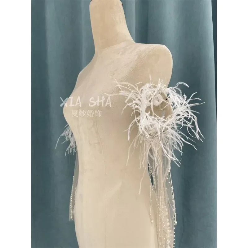 Bridal wedding dress feather sleeves fringed hand-sewn super fairy feather sleeves separate wedding  veil