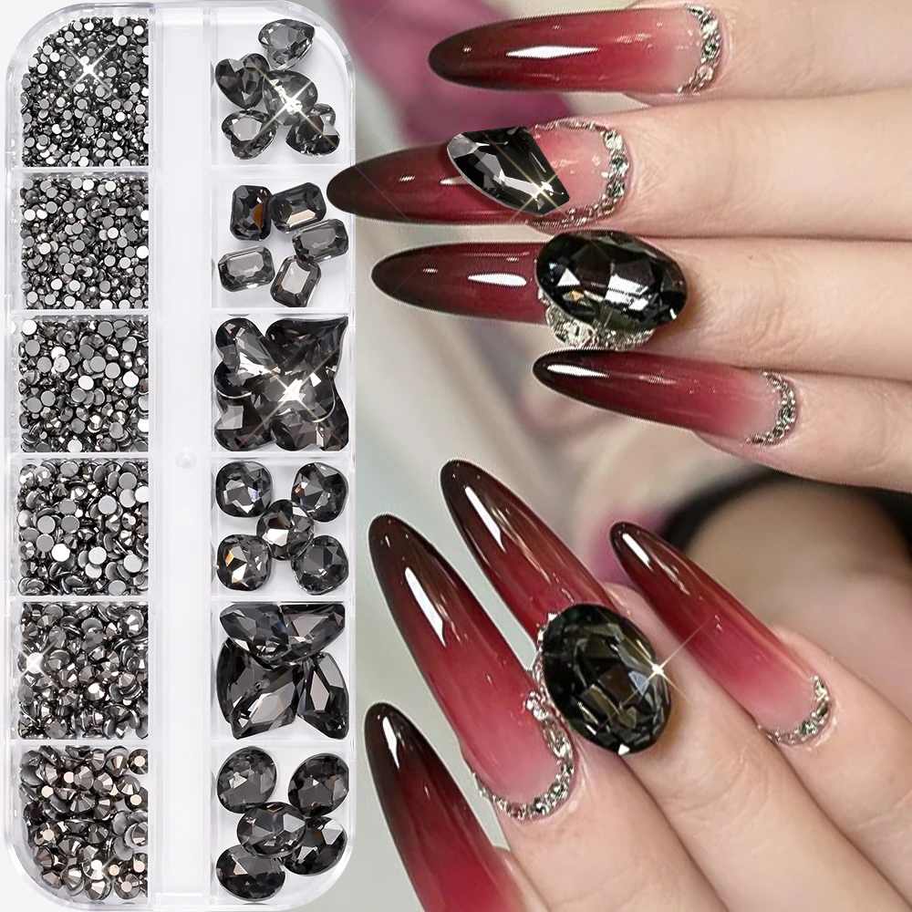 

12Grid 3D Black Crystal Rhinestone Nail Charm Glass Gems Stone Flatback Diamond Non-hotfix Round Beads for Nail Art Decoration