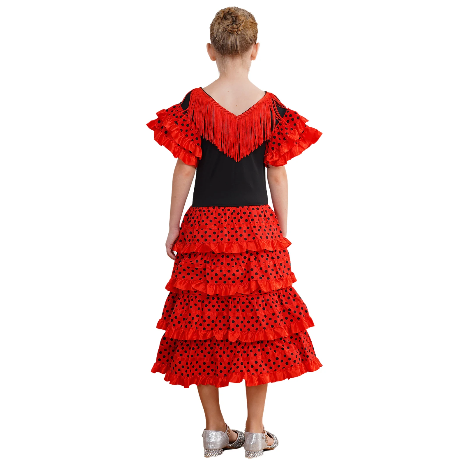 Kids Girls Spanish Folkloric Flamenco Dance Dresses Halloween Costume Tassel V Neck Ruffled Sleeve Dots Tiered Ruffles Dress