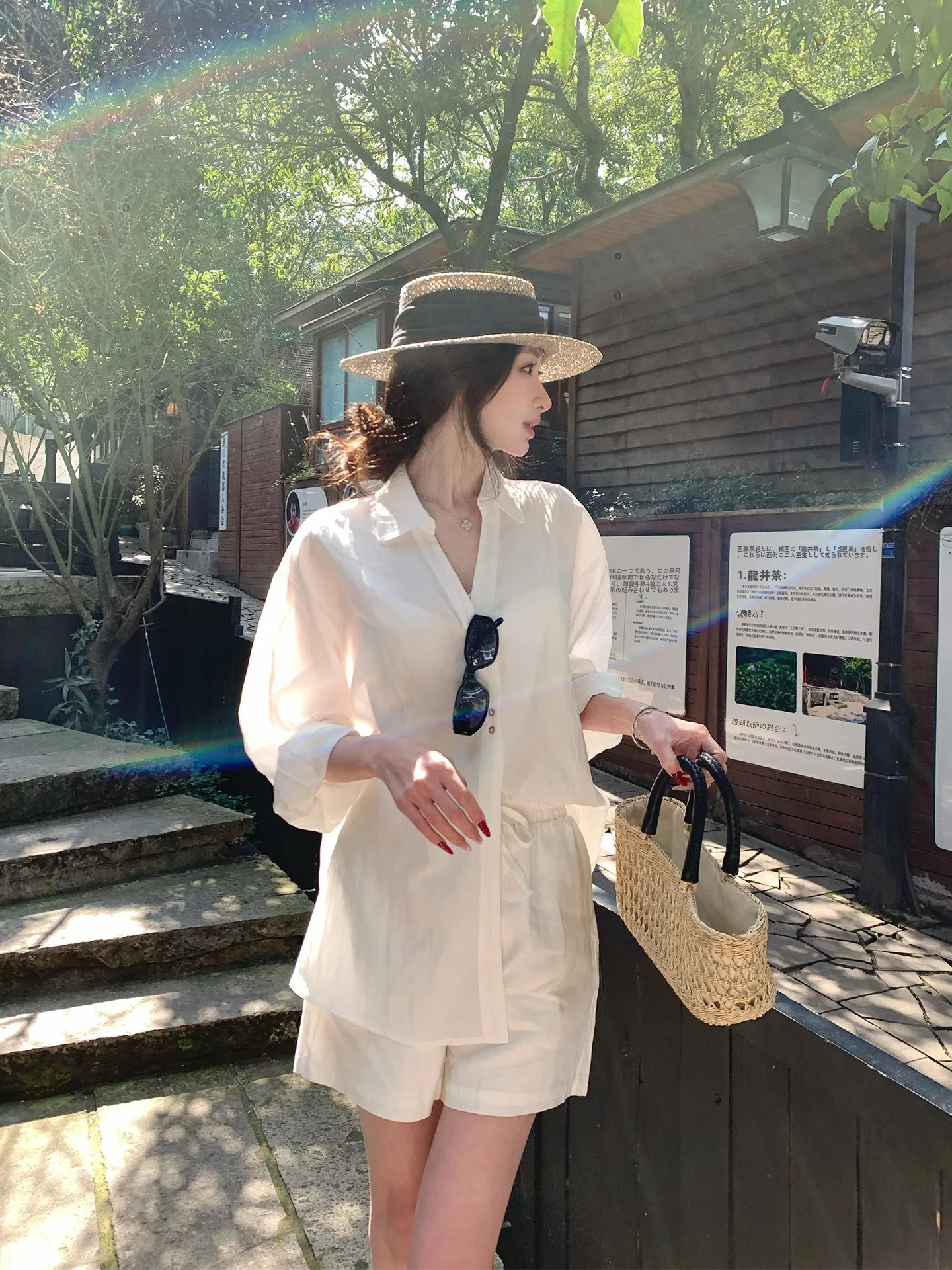 

Lightweight White Linen Shirt And Shorts Set Women's Spring Fashion Two-Piece Suit High Waist Shorts Seven-Quarter Sleeve Blouse