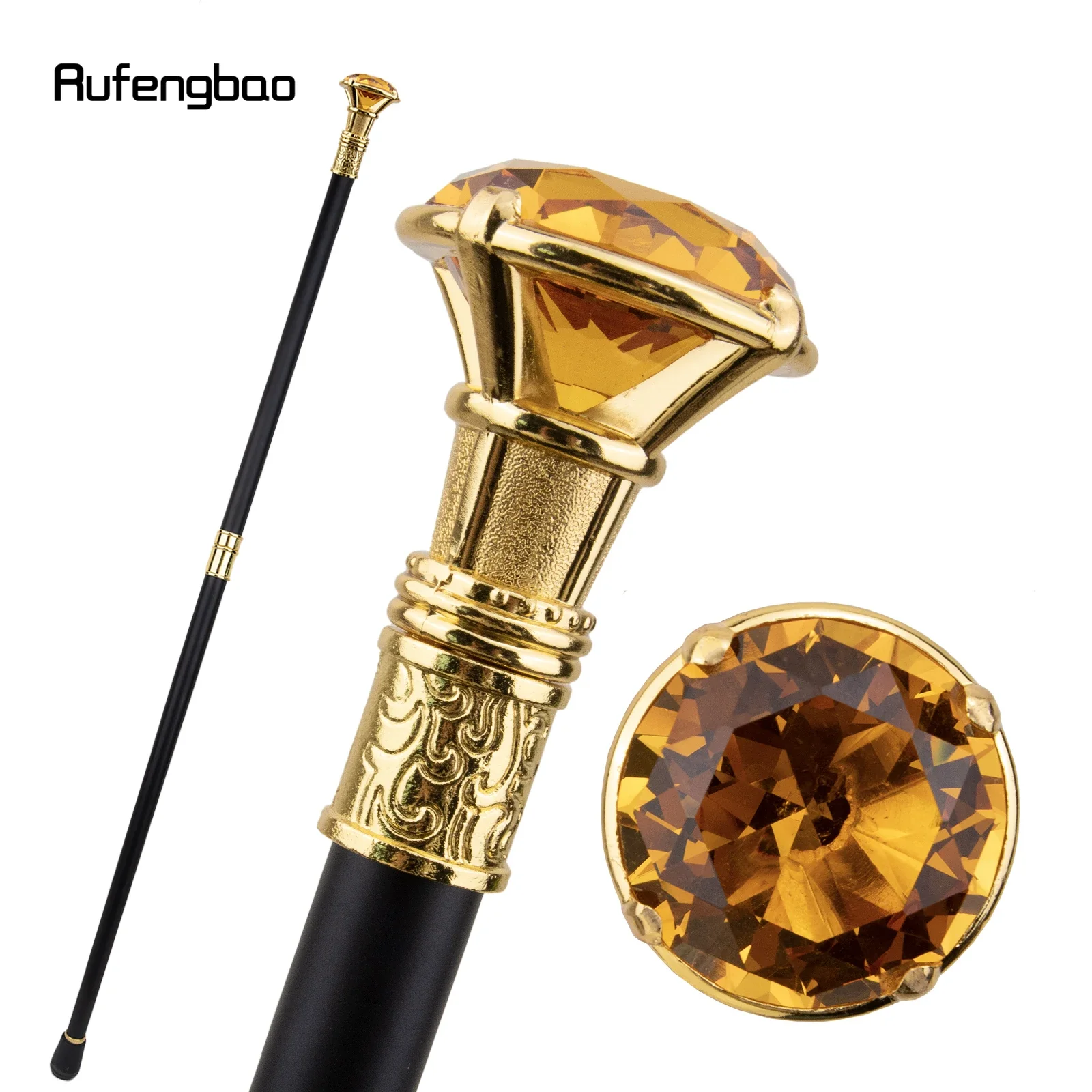 

Orange Diamond Type Golden Walking Cane Fashion Decorative Walking Stick Gentleman Elegant Cosplay Cane Knob Crosier 93cm