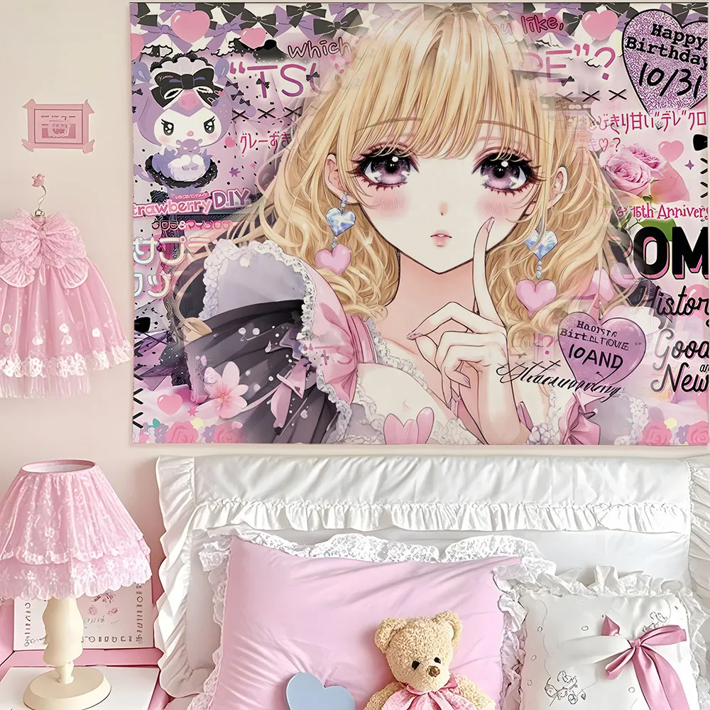 VIKAMA Kawaii Geisha Anime Girl Tapestry Japanese Magazine Style Wall Hanging for Harajuku Bedroom