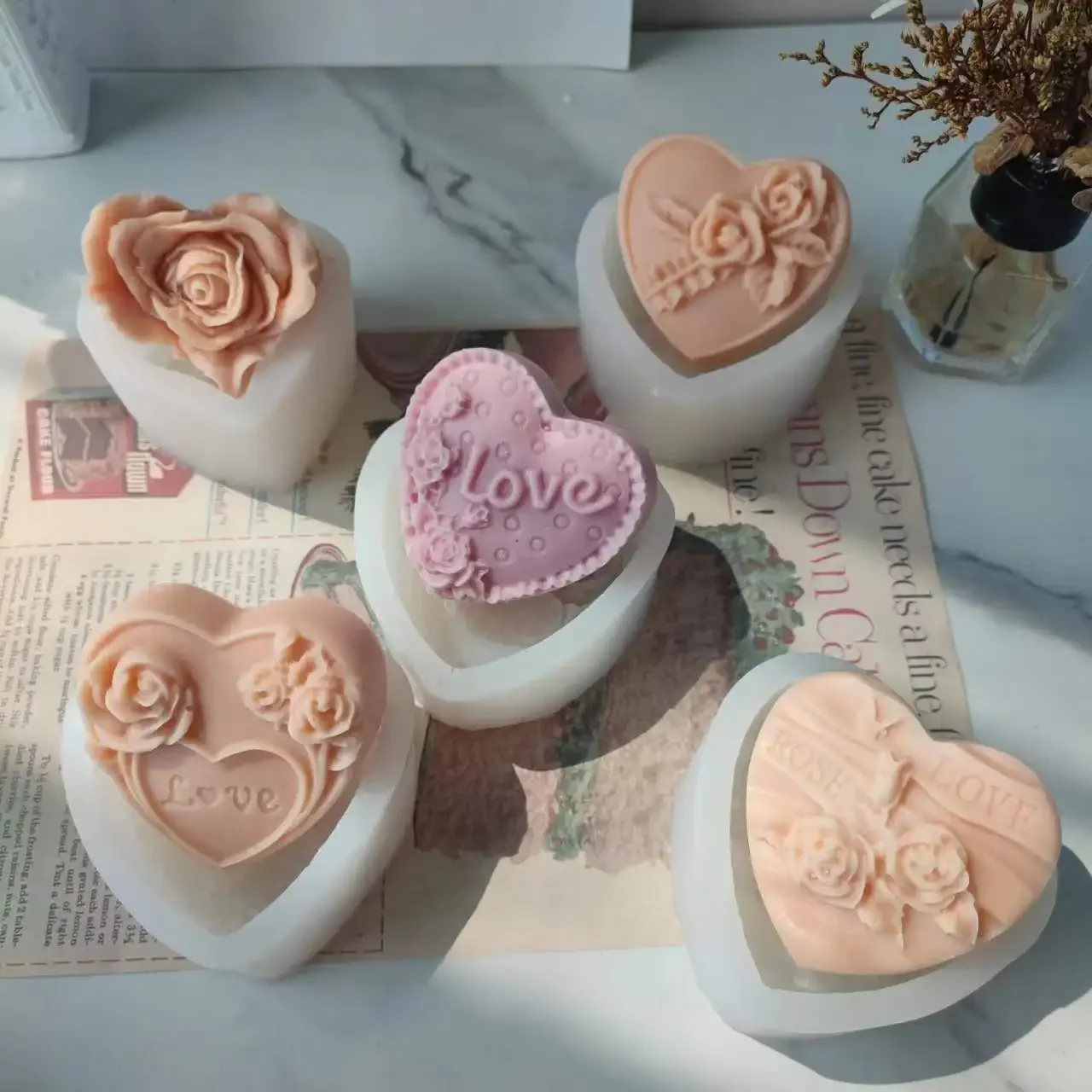 Stampo per sapone fiore rosa candela stampo in Silicone amore a forma di cuore stampo per torta di fiori che fa strumenti di cottura per aromaterapia