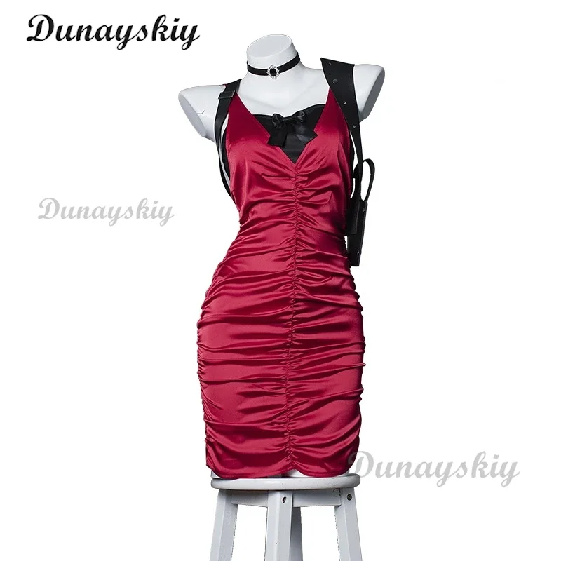 Ada Wong Cosplay Kostuum Kleding Pruik Cosplay Game Spion Halloween Party Sexy Vrouw Rode Jurk Ada Wong Cosplay Kostuum