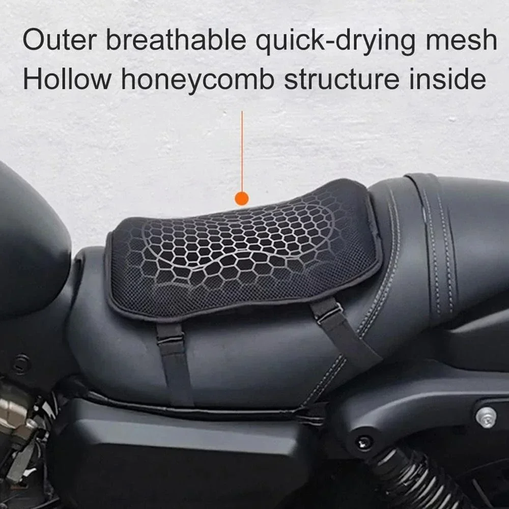 Coussin de siège de moto passager pliable, gel à haute élasticité, accent d'abeille 3D, absorption des chocs respirante, housse de siège longue conduite