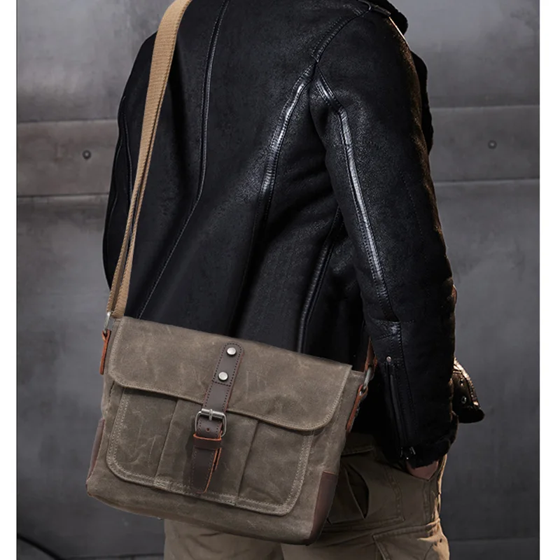 Men Vintage Canvas Casual Messenger Bag Small Waterproof Crossbody Shoulder Purse with Leather Trim for Camera Travel Daily