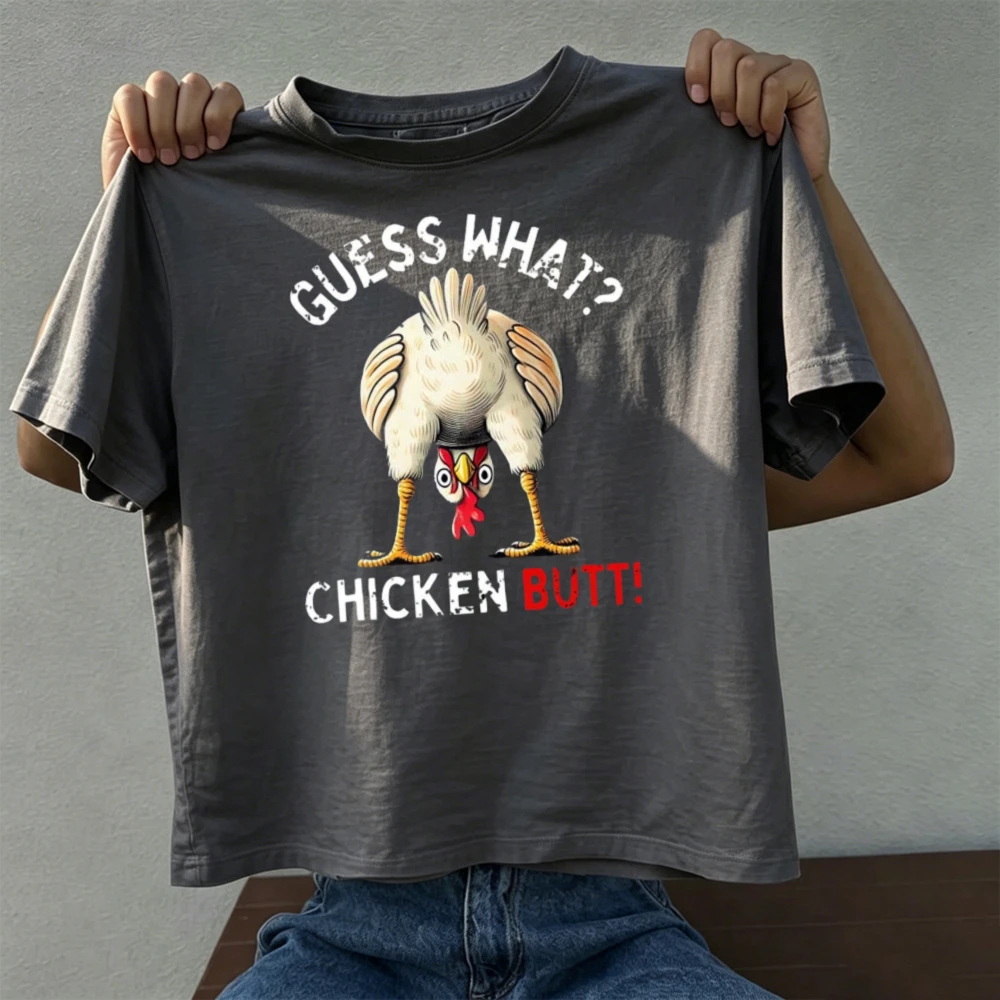 Gu*ss What Chicken Butt Chicken Funny Chicken Cartoon Meme Quote Summer Men's T-Shirt Vintage Humor Casual Short Sleeve Top