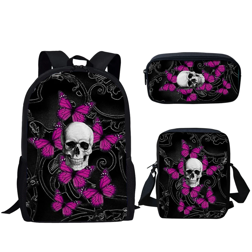 Belidome casual sacos de escola crânio açúcar floral impressão 3 pçs mochila para adolescentes meninos meninas mochila viagem estudante de volta à escola