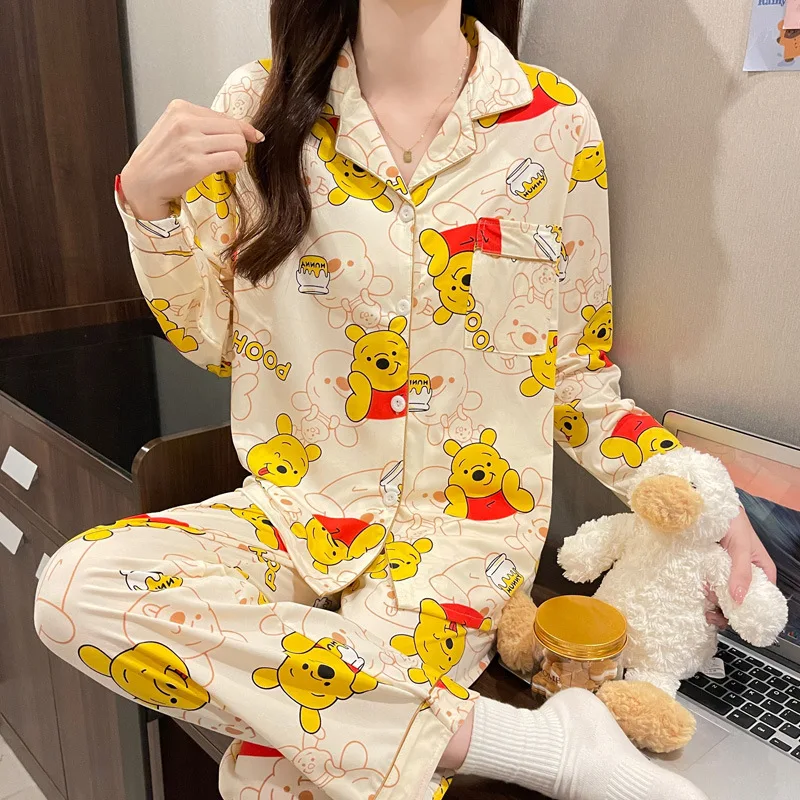 Pajamas Women\'s Disney Cartoon Bear Spring Autumn Pajamas Long Sleeve Trousers New Cartoon Loose Cardigan Pajamas Home Suit