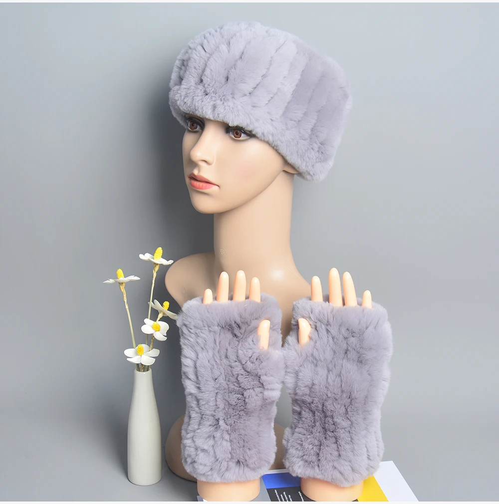One Set Women Real Rex Rabbit Fur Cuff+Headband Winter Warmer Hat Arm Wrist Sleeve Gloves Female Real Fur Cap+Elastic Wristband