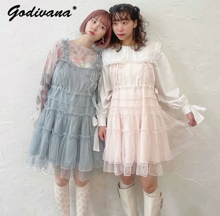 

Japanese Style Sweet Cute Lace-up Bow Layer-by-layer Lace Mesh Suspender Dress Spring Summer Girl Women's Sling Dresses