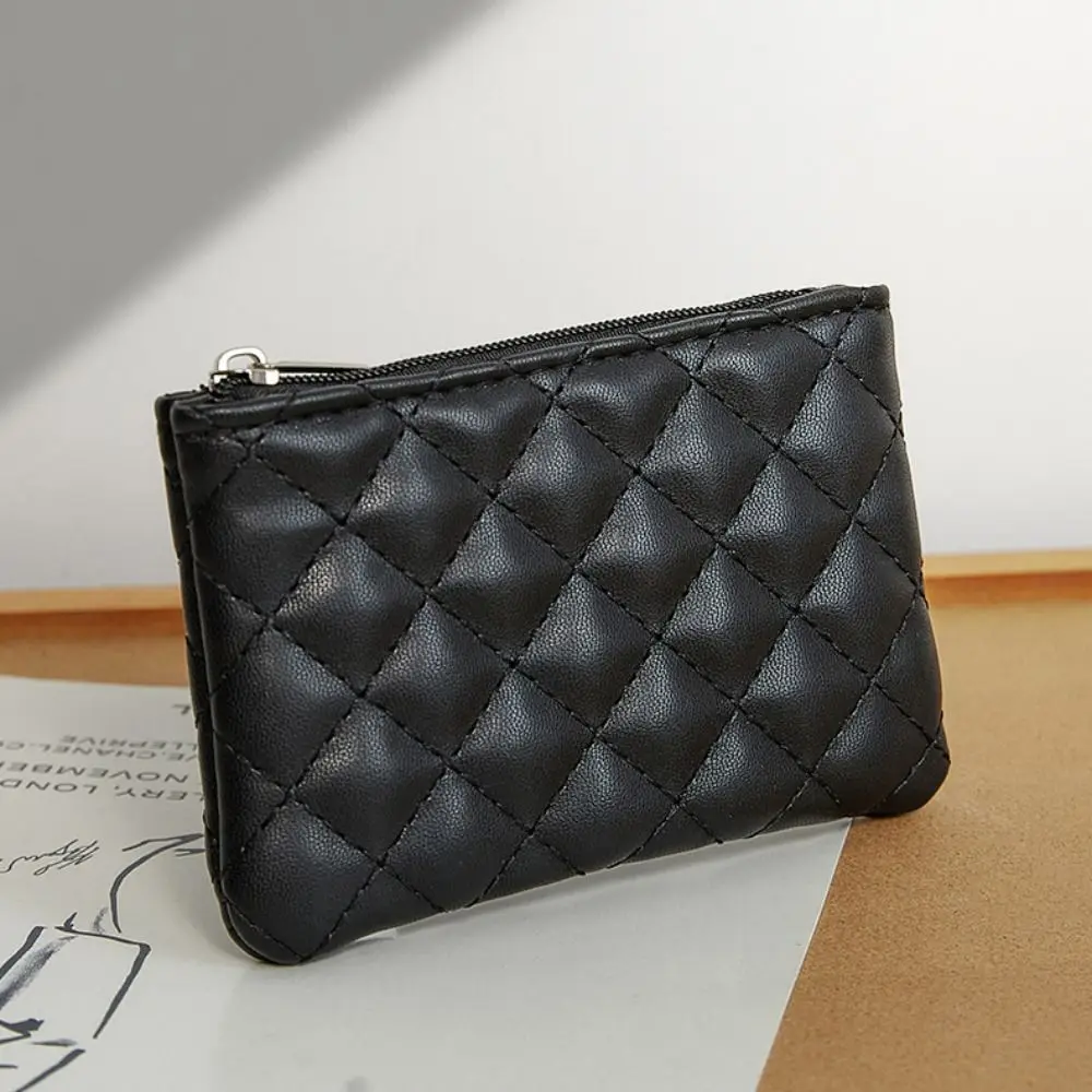 Tas uang portabel wanita, dompet kartu kredit kulit PU ringan ritsleting Rhombic