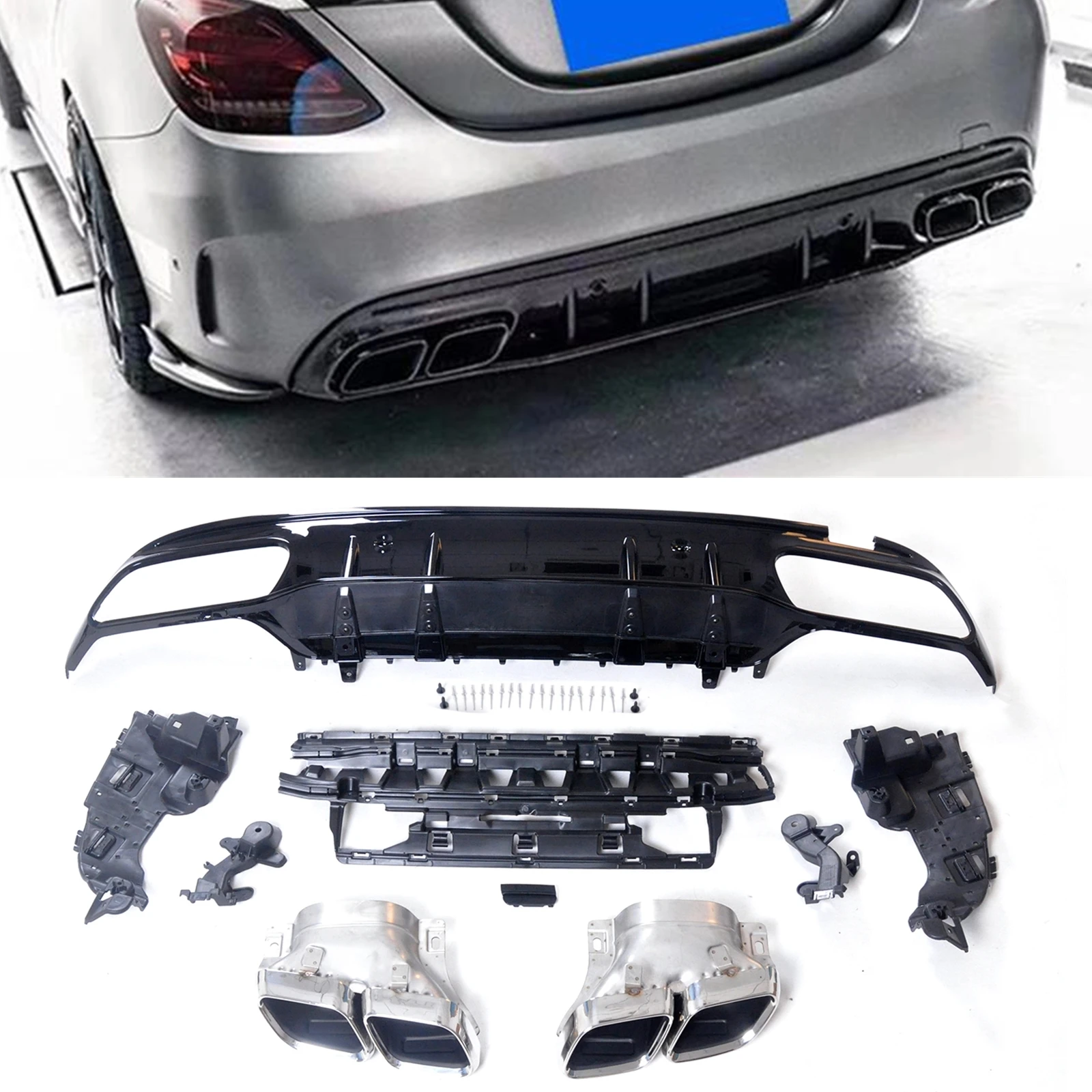 C63 Style Kit For Mercedes-Benz W205 C Class AMG Sedan 4 Door 2015-2021 C63s Rear Bumper Diffuser Lip+Black Exhaust Muffler Pipe