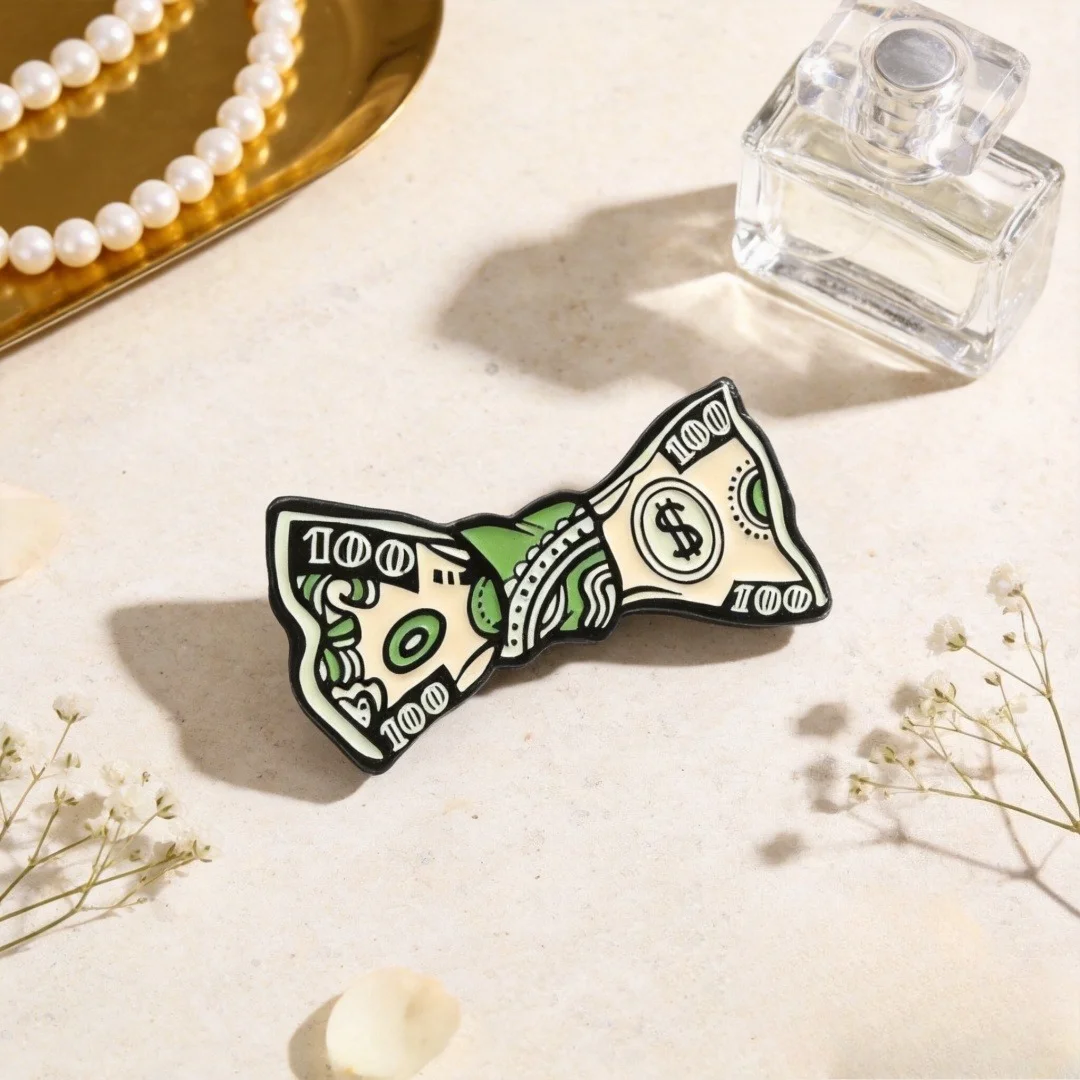 Novelty Dollar Bill Bowtie Enamel Lapel Pin Funny Money Cash Design Metal Brooch Badge Unique Party Accessory For Bag Jacket