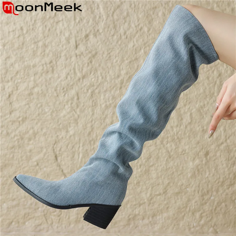 

MoonMeek 2024 New Pleated Denim Slip On Winter Boots Top Sale Ladies Square Toe Over The Knee Boots Square High Heels Shoes