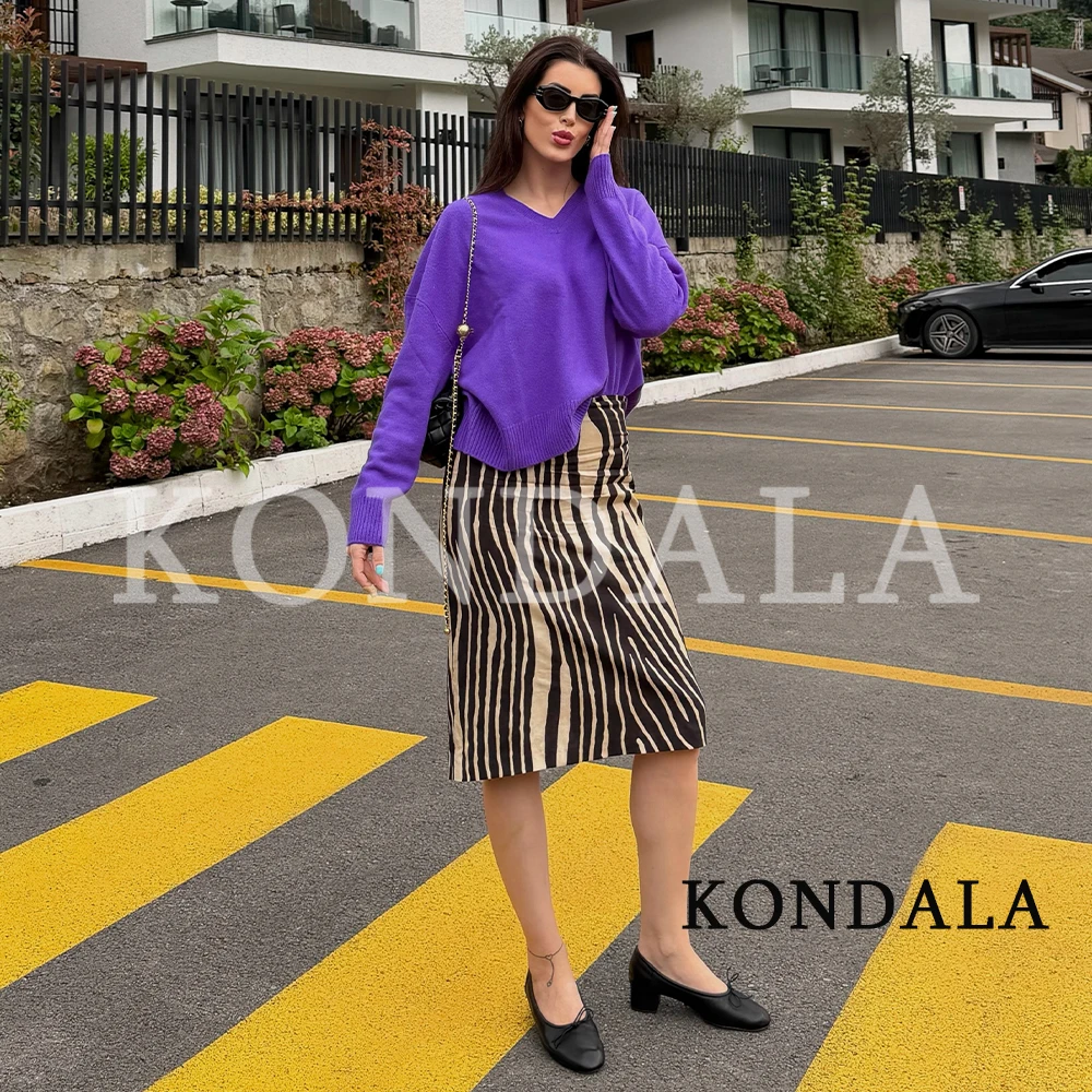 KONDALA Women Vintage Zebra Print Midi Skirt Street Style Chic Split Skirt 2026 Early Autumn/Fall Trendy Elegant Lady Y2K Skirts
