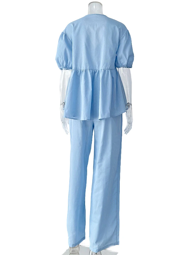 Parc Fee Fashion Loose Blue Cotton 2 Piece Set Woman Outfit 2025 Summer Short Sleeve Shirt With High Waist Wide Pants Set Female